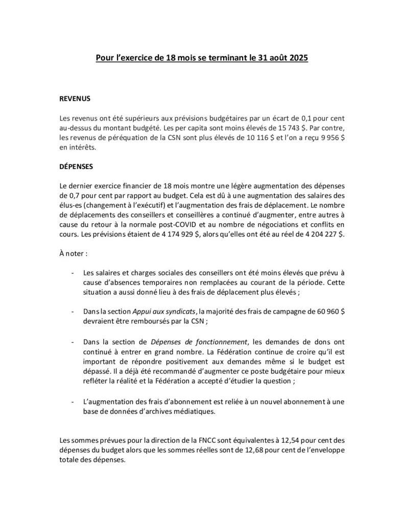 Rapport Comité De Vérification FNCC 31 Août 2025